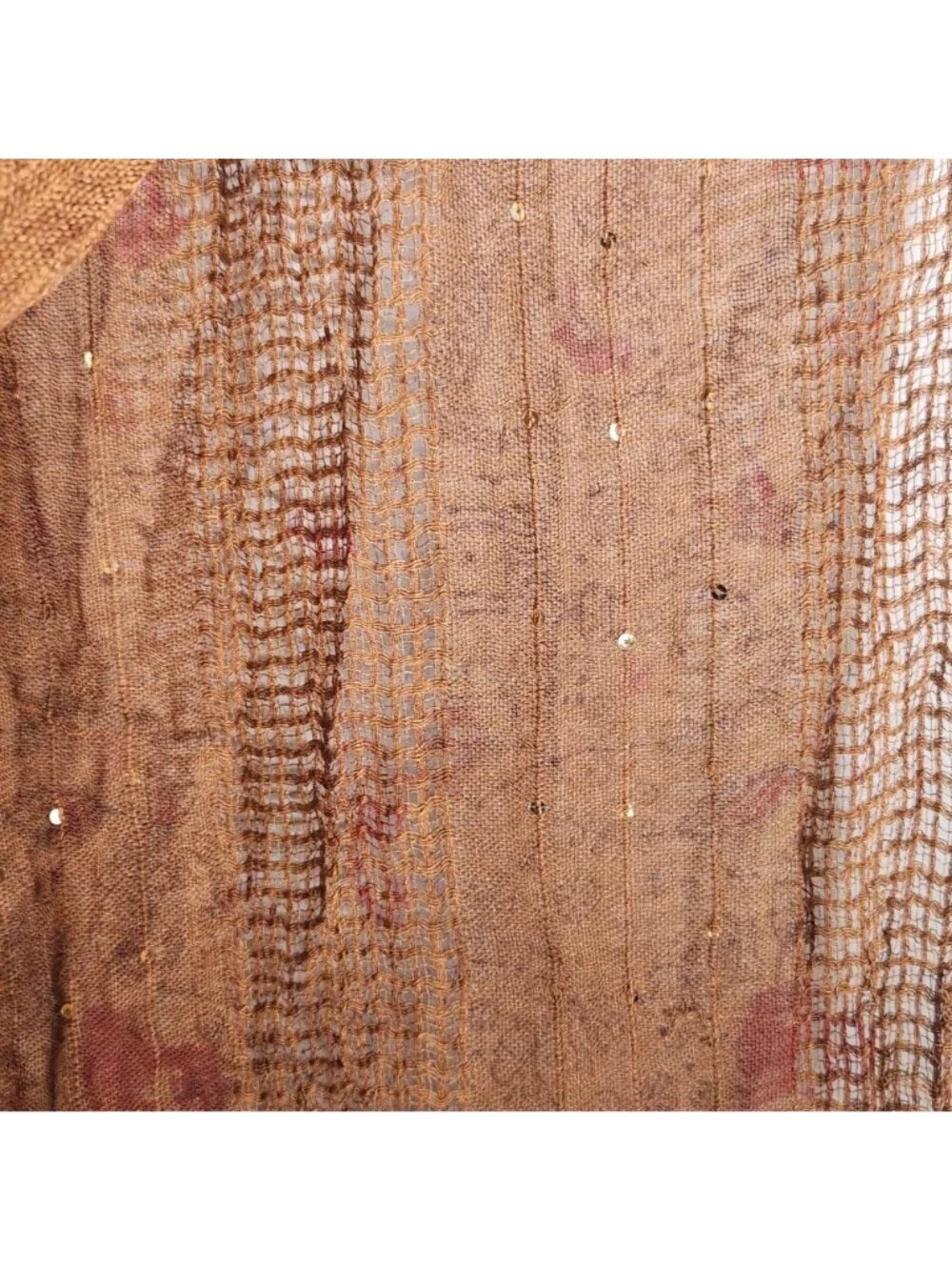 Lightweight Brown Paisley Sequin Scarf With Fringe Detail - Made In India - 100%